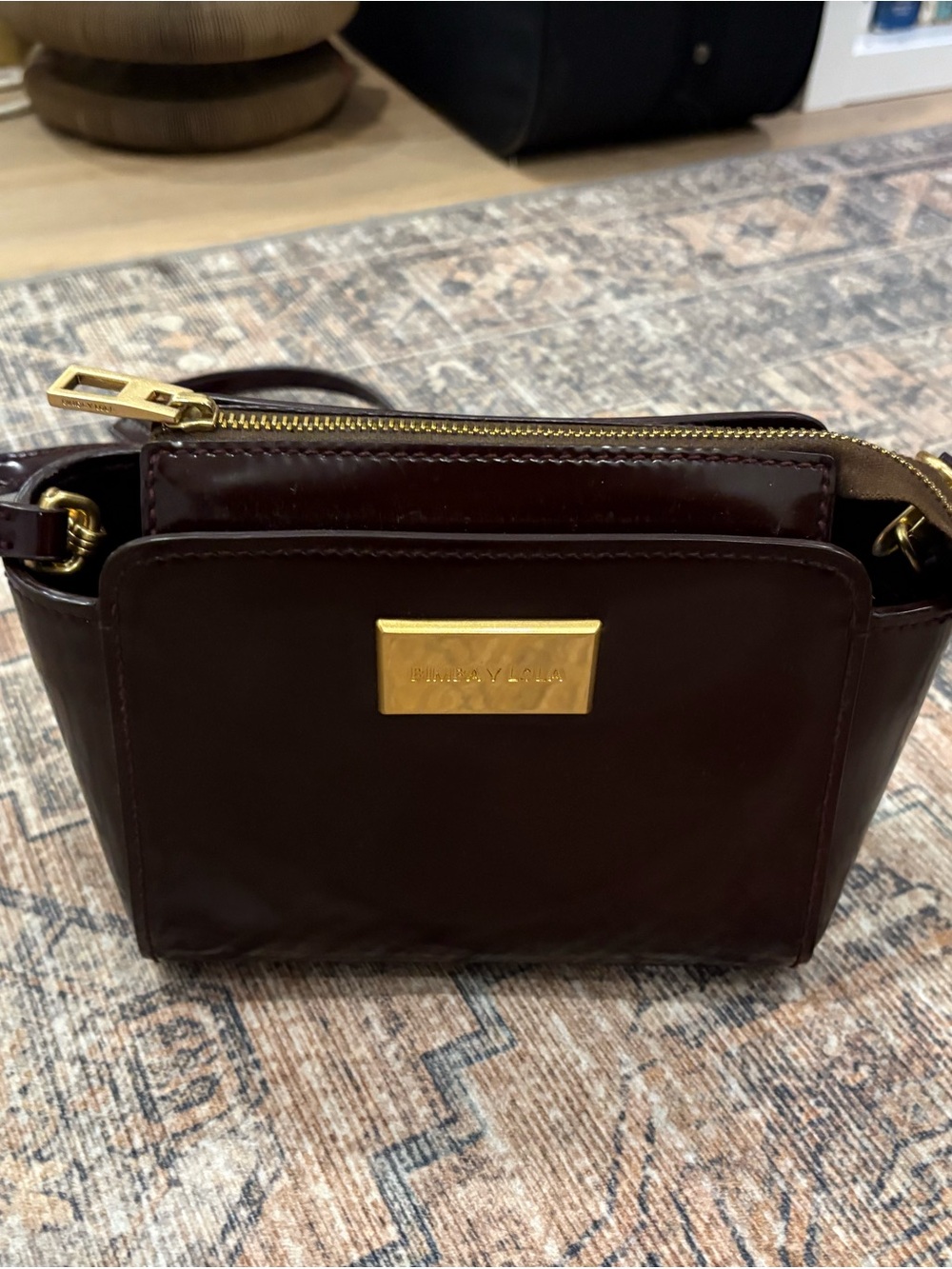Polished Dark Brown Leather Crossbody with Gold Plaque